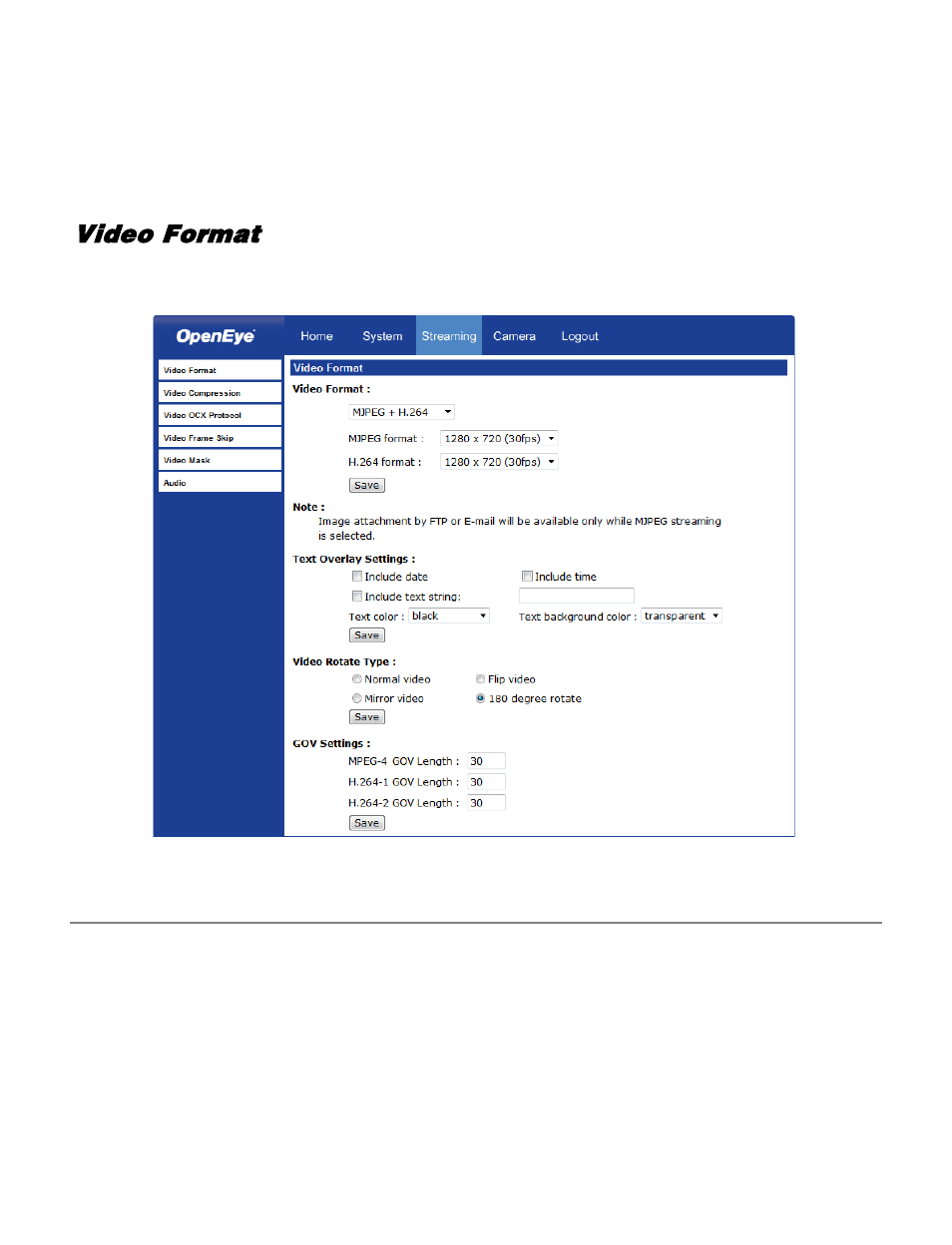 Video and audio streaming settings, Video format, Text overly settings | OpenEye CM-730 User Manual | Page 57 / 71