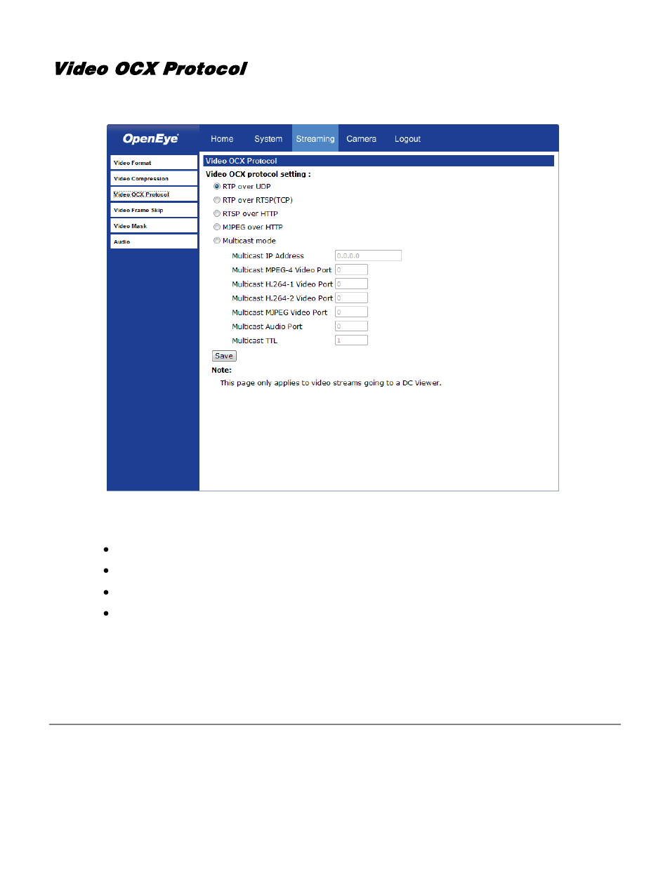 Video ocx protocol, Multicast mode | OpenEye CM-730 User Manual | Page 60 / 71