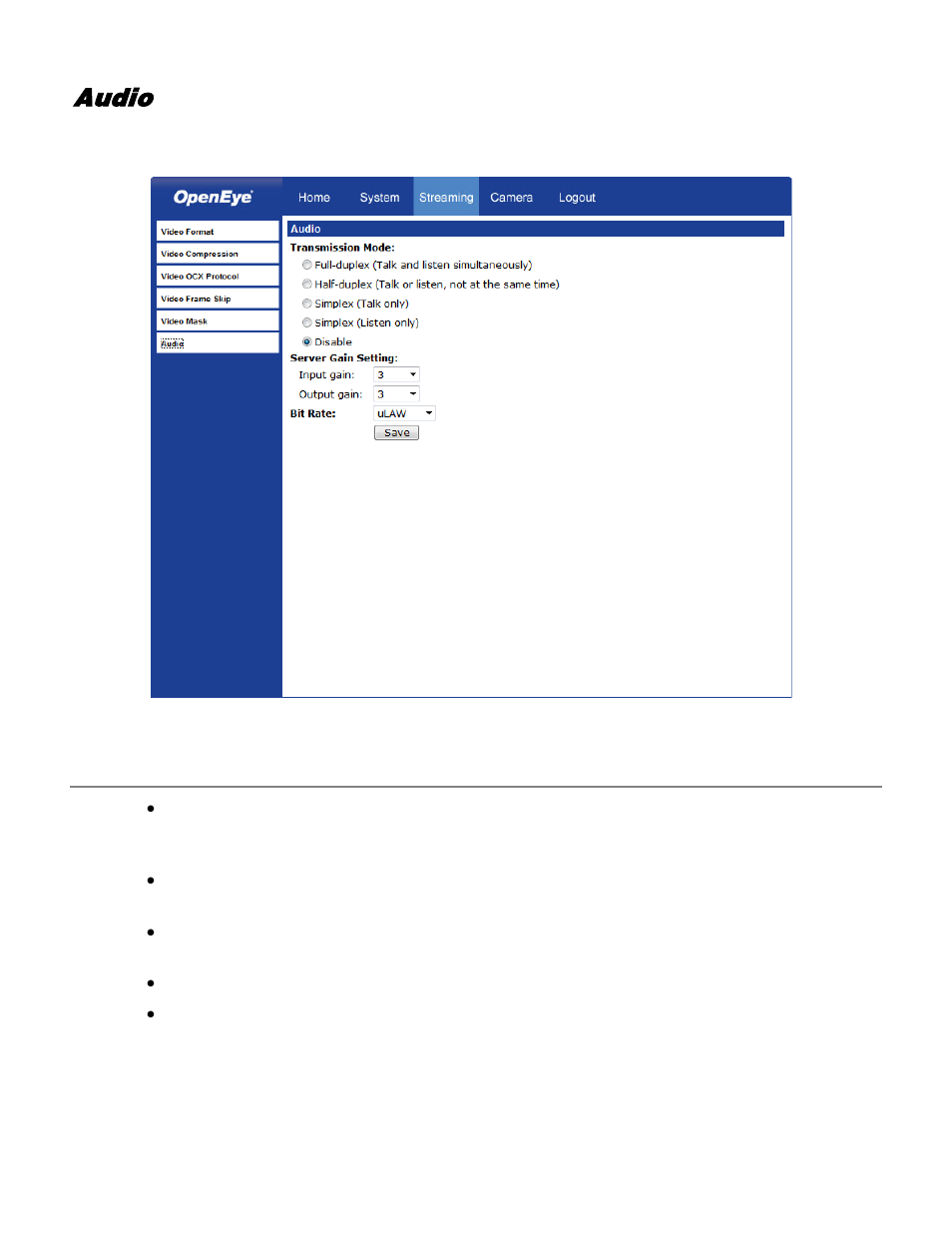 Audio, Transmission mode | OpenEye CM-730 User Manual | Page 63 / 71