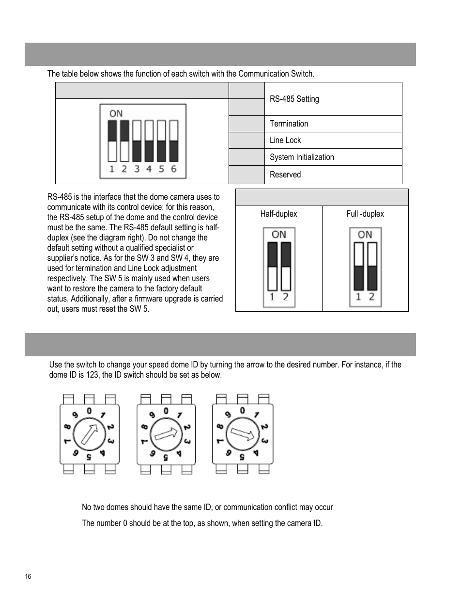 Communication switch setting, Dome id setting | OpenEye CM-511 User Manual | Page 16 / 55