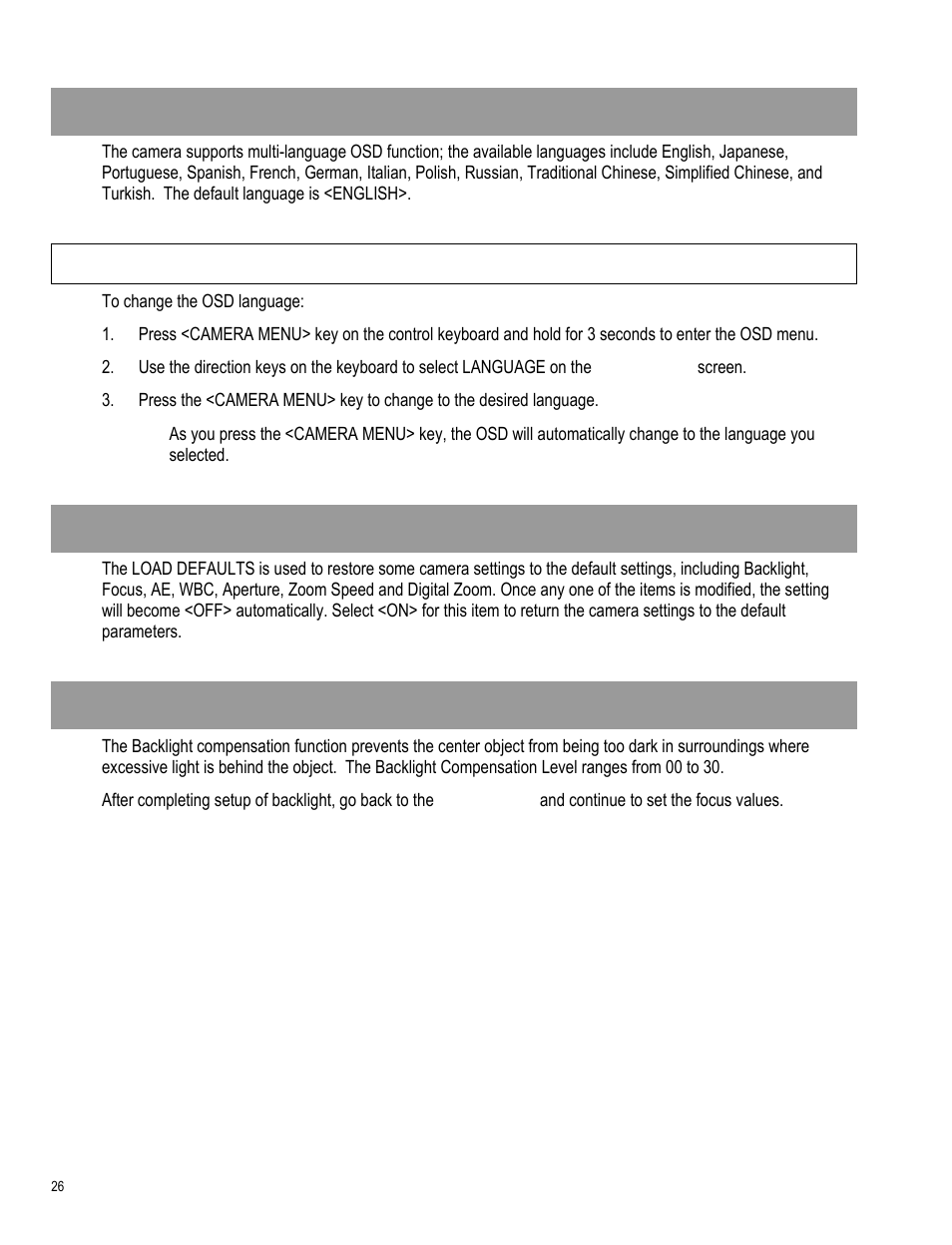 Language, Changing the display language, Default camera settings | Backlight | OpenEye CM-511 User Manual | Page 26 / 55