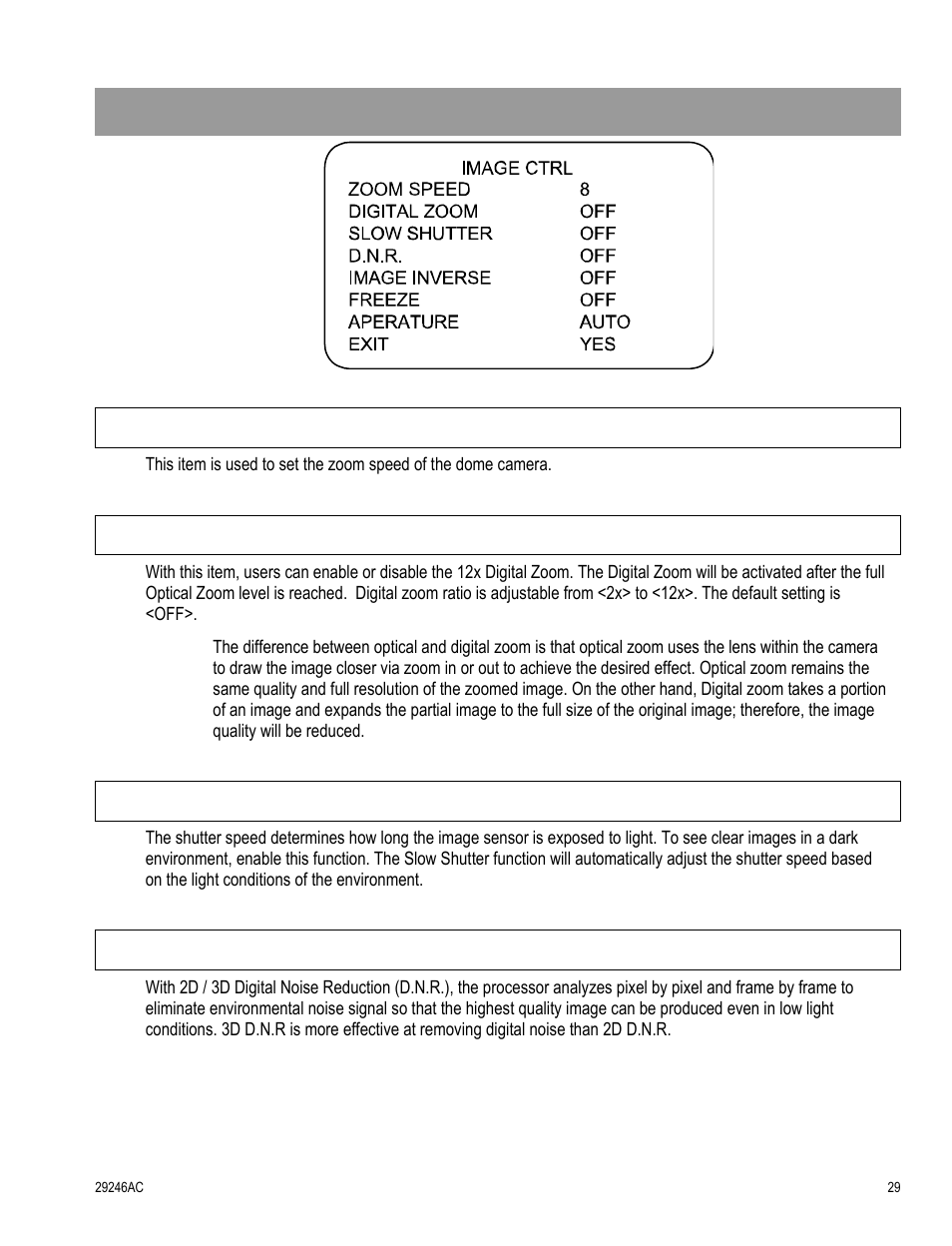 Image ctrl, Zoom speed, Digital zoom | Slow shutter, D.n.r | OpenEye CM-511 User Manual | Page 29 / 55