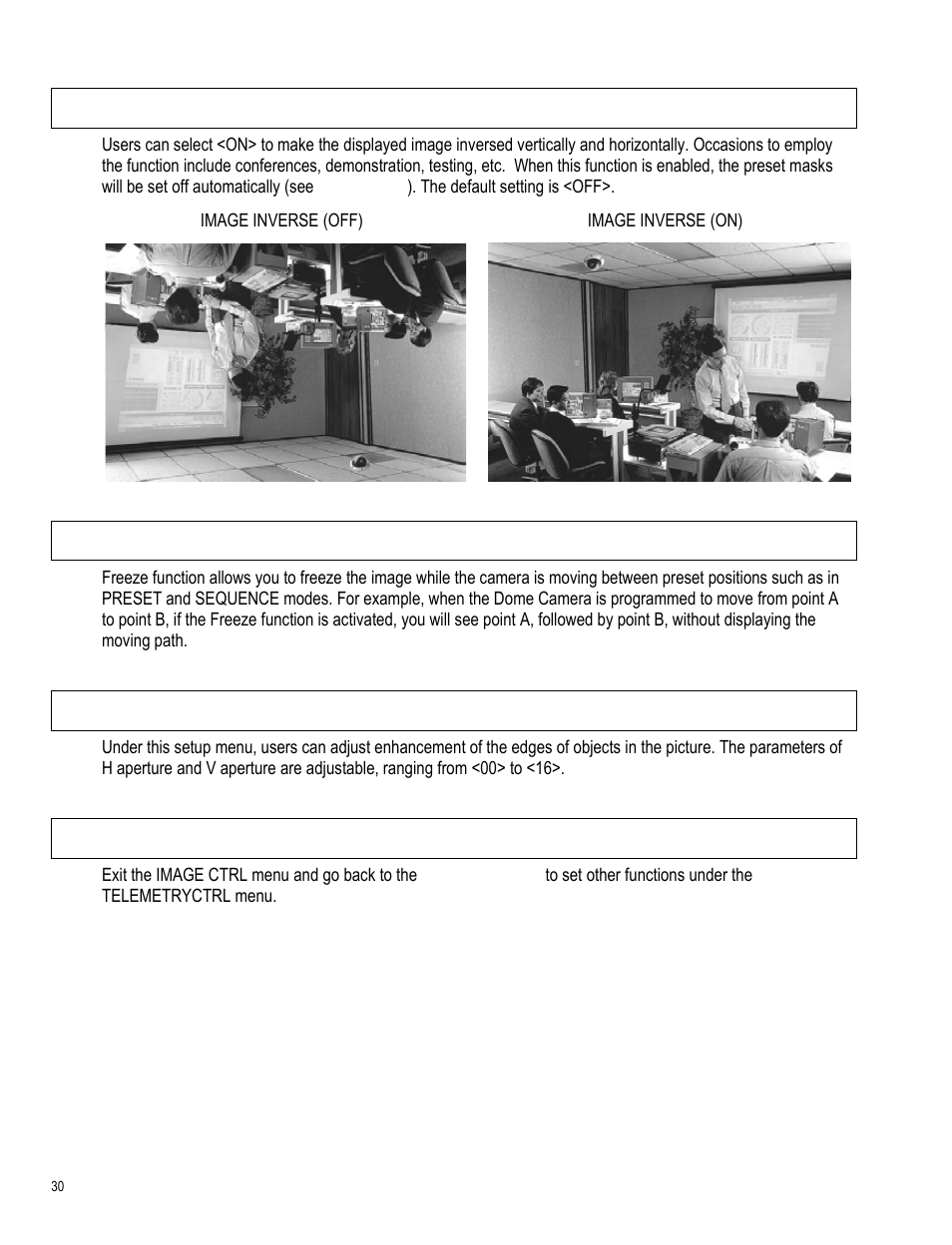 Image inverse, Freeze, Aperture | Exit | OpenEye CM-511 User Manual | Page 30 / 55