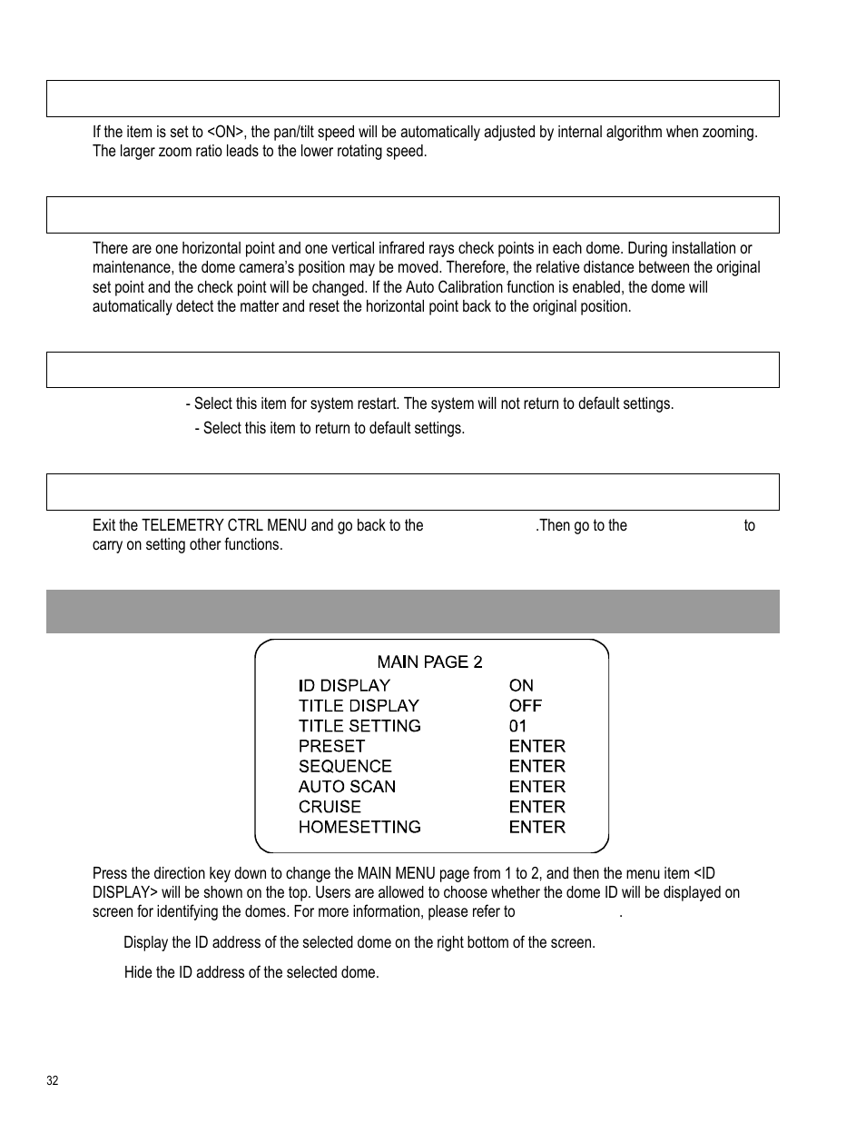 Speed by zoom, Auto cali. (auto calibration), System reset | Exit, Id display | OpenEye CM-511 User Manual | Page 32 / 55
