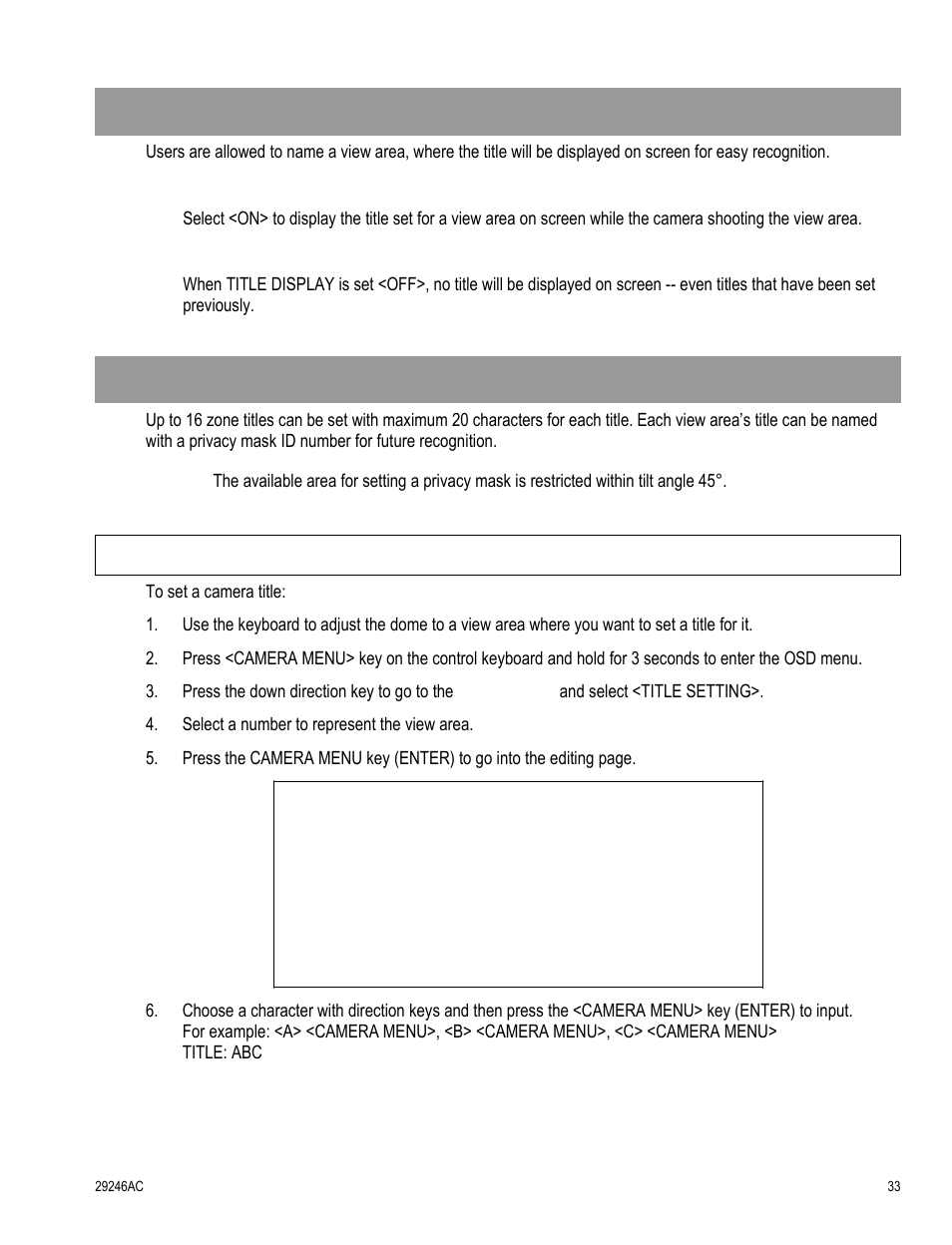 Title display, Title setting, Setting a camera title | OpenEye CM-511 User Manual | Page 33 / 55