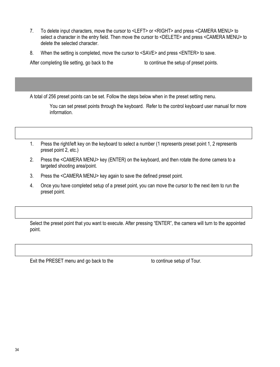 Preset, Setting preset points, Running a preset | Exit the preset menu | OpenEye CM-511 User Manual | Page 34 / 55