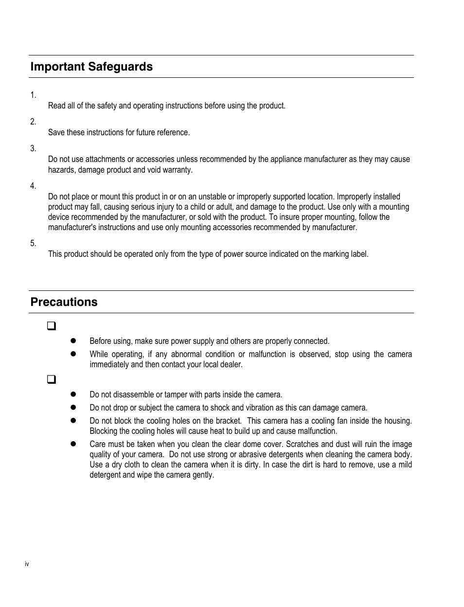 Important safeguards, Read instructions, Retain instructions | Attachments / accessories, Installation, Power source, Precautions  operating, Handling | OpenEye CM-511 User Manual | Page 4 / 55