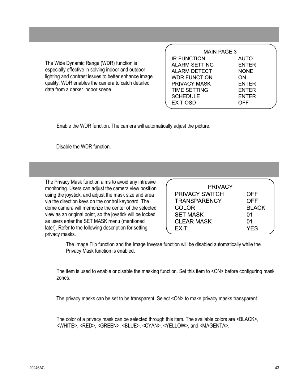 Wide dynamic range (wdr), Privacy mask | OpenEye CM-511 User Manual | Page 43 / 55