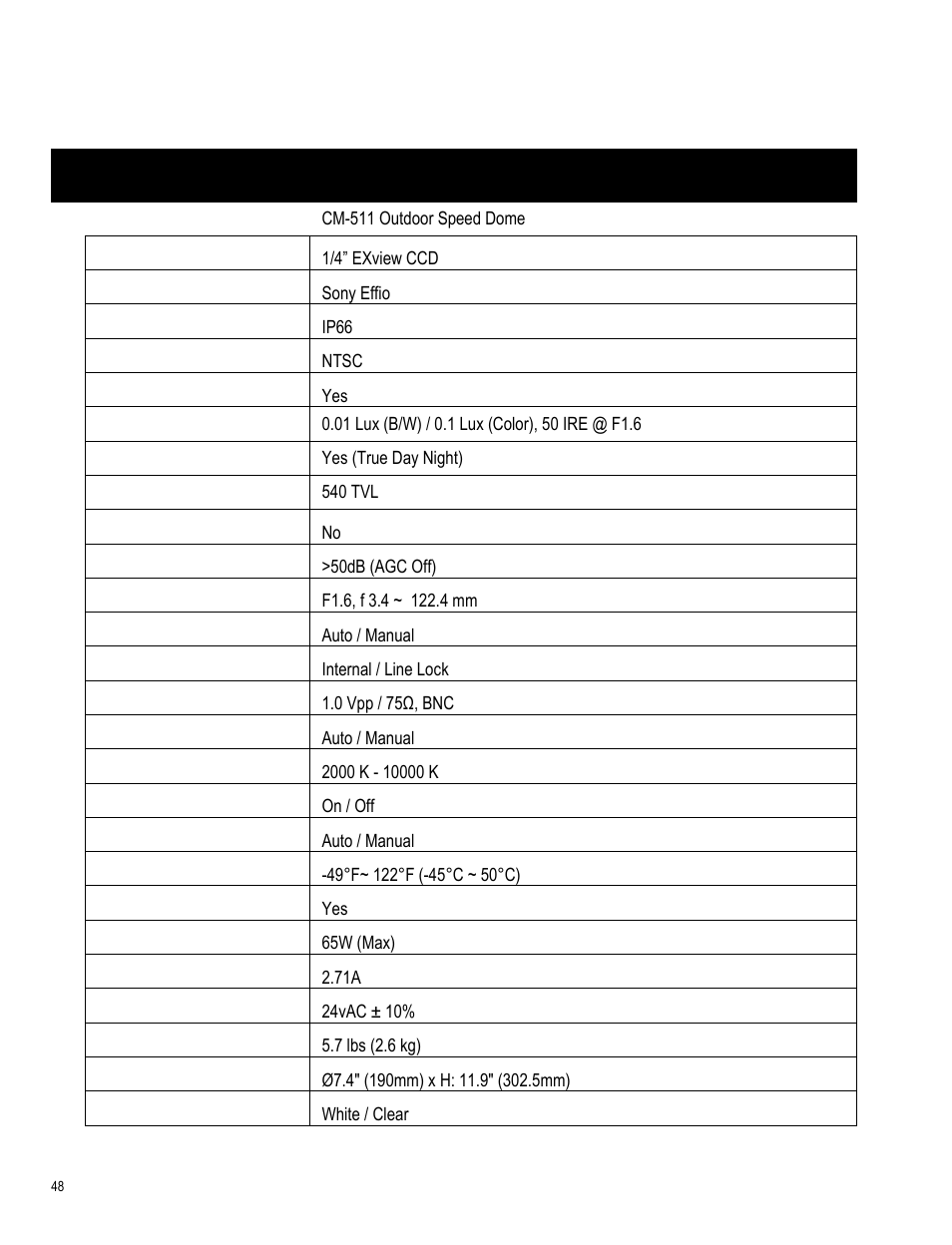 Specifications, Camera specifications | OpenEye CM-511 User Manual | Page 48 / 55