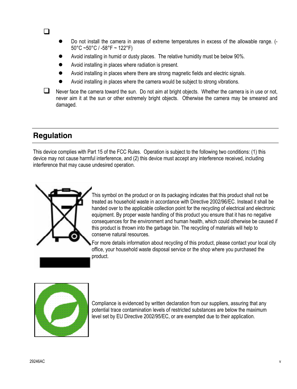 Installation and storage, Regulation | OpenEye CM-511 User Manual | Page 5 / 55