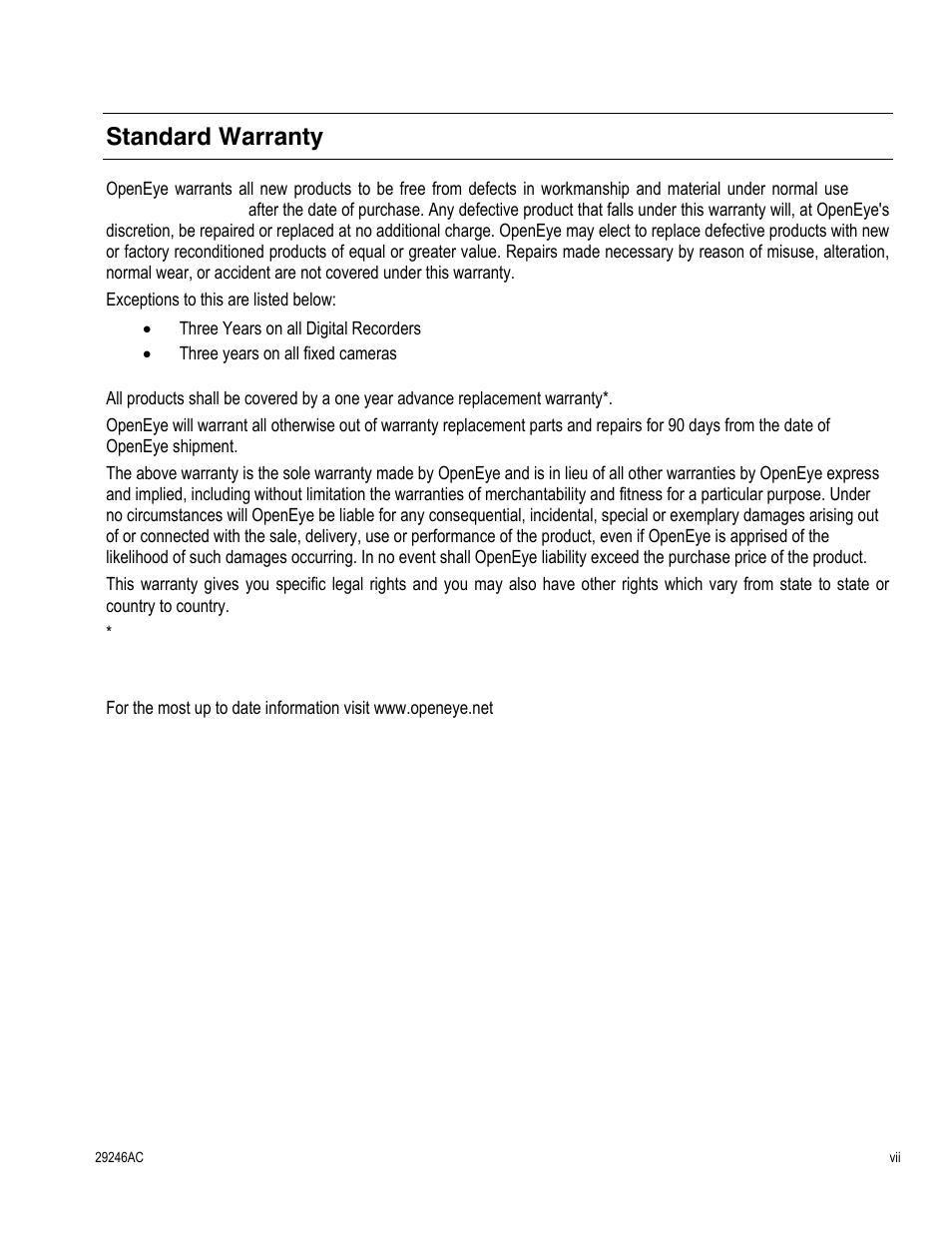 Standard warranty | OpenEye CM-511 User Manual | Page 7 / 55