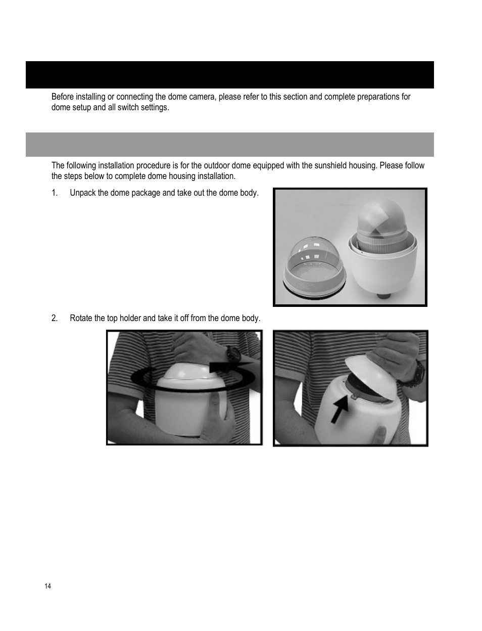 Dome setup and cable connection, Preparations for dome setup | OpenEye CM-511 Installation Manua User Manual | Page 14 / 37