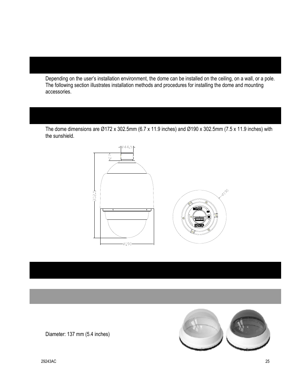 Dome installation, Overview, Dome dimensions | Optional accessories | OpenEye CM-511 Installation Manua User Manual | Page 25 / 37