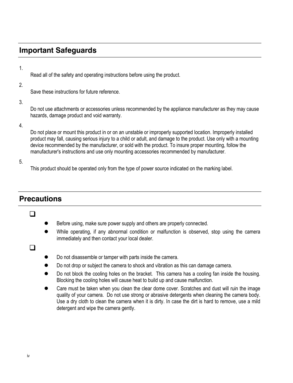 Important safeguards, Read instructions, Retain instructions | Attachments / accessories, Installation, Power source, Precautions  operating, Handling | OpenEye CM-511 Installation Manua User Manual | Page 4 / 37