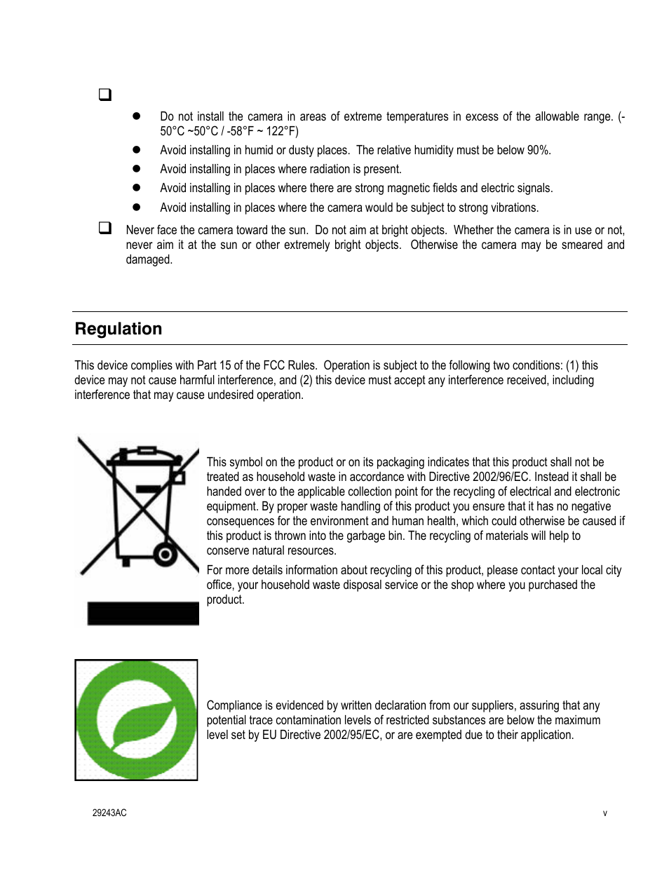 Installation and storage, Regulation | OpenEye CM-511 Installation Manua User Manual | Page 5 / 37