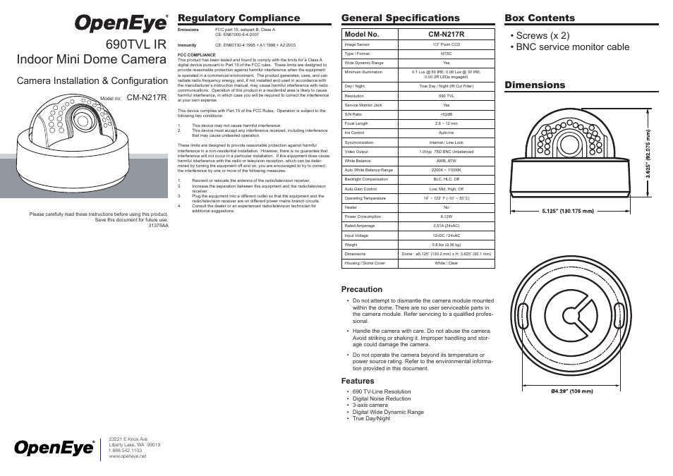 OpenEye CM-N217R User Manual | 2 pages