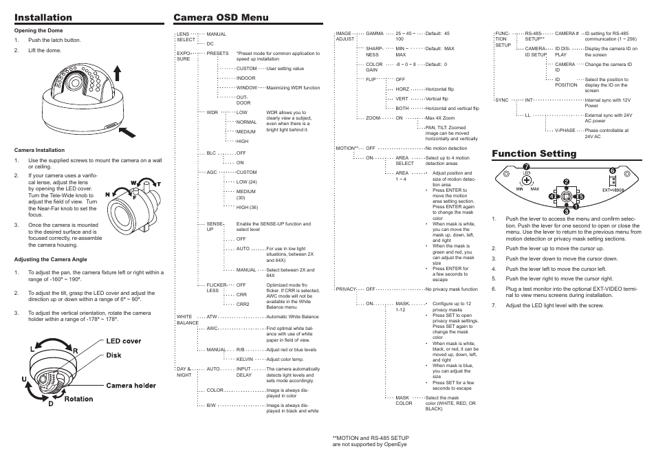 Camera osd menu, Function setting, Installation | OpenEye CM-N217R User Manual | Page 2 / 2