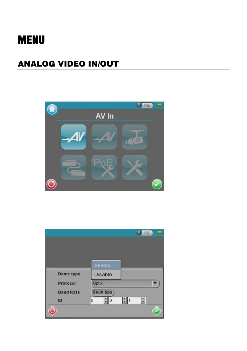 Menu, Analog video in/out, Av in | OpenEye D4000 User Manual | Page 16 / 34