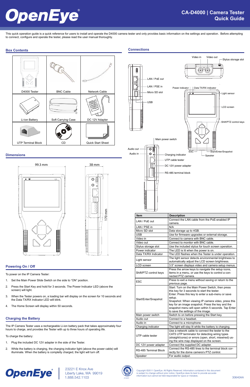 OpenEye D4000 Quick Start User Manual | 1 page