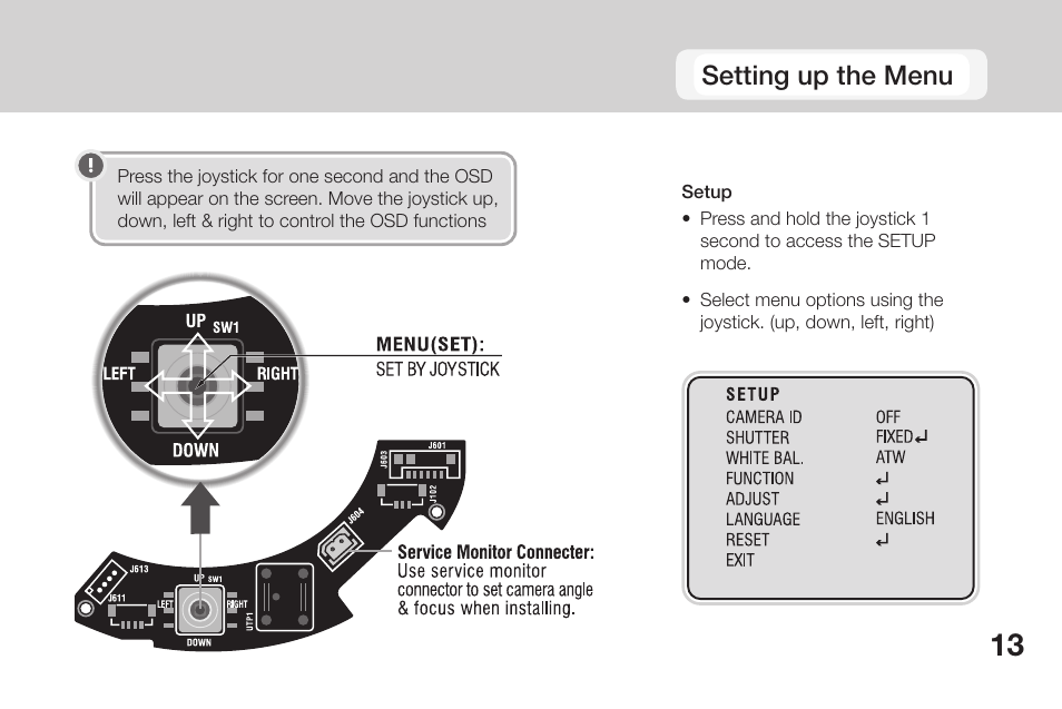 Setting up the menu | OpenEye CM-135 User Manual | Page 13 / 40