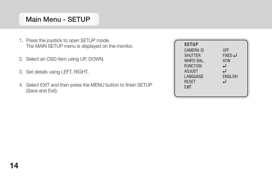 Main menu - setup | OpenEye CM-135 User Manual | Page 14 / 40