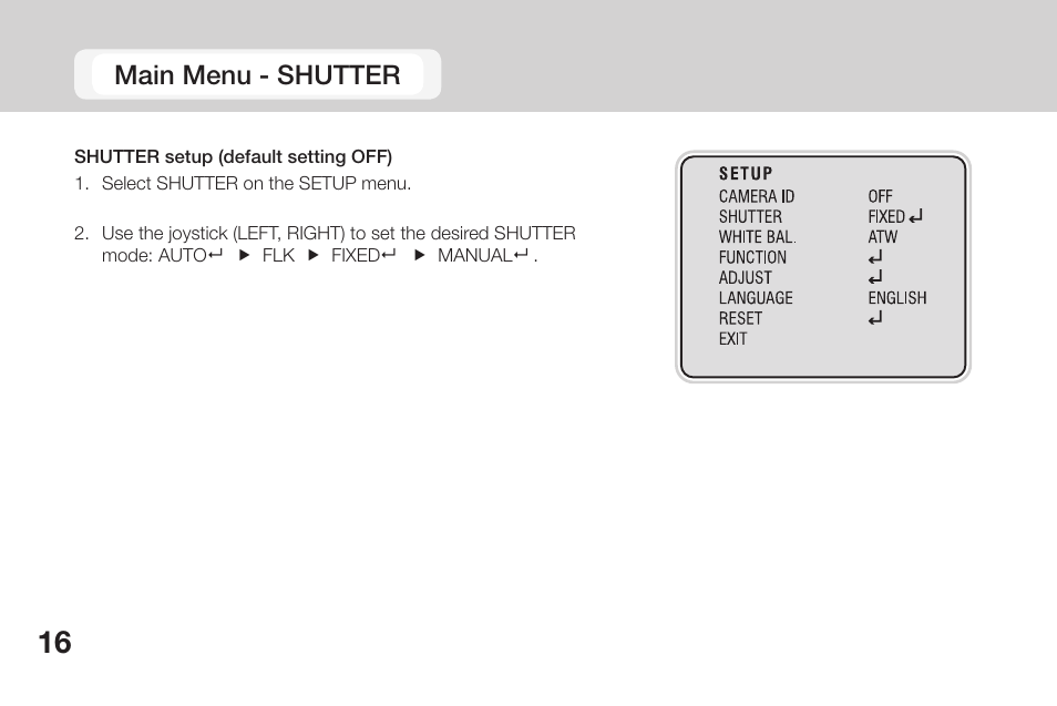 Main menu - shutter | OpenEye CM-135 User Manual | Page 16 / 40