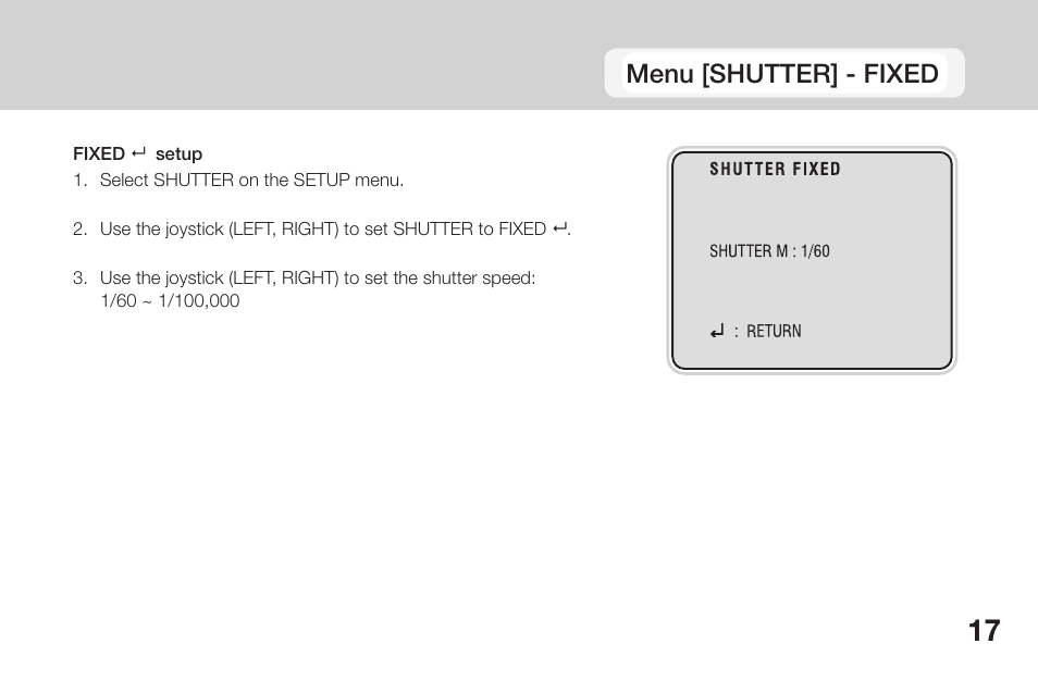 Menu [shutter] - fixed | OpenEye CM-135 User Manual | Page 17 / 40