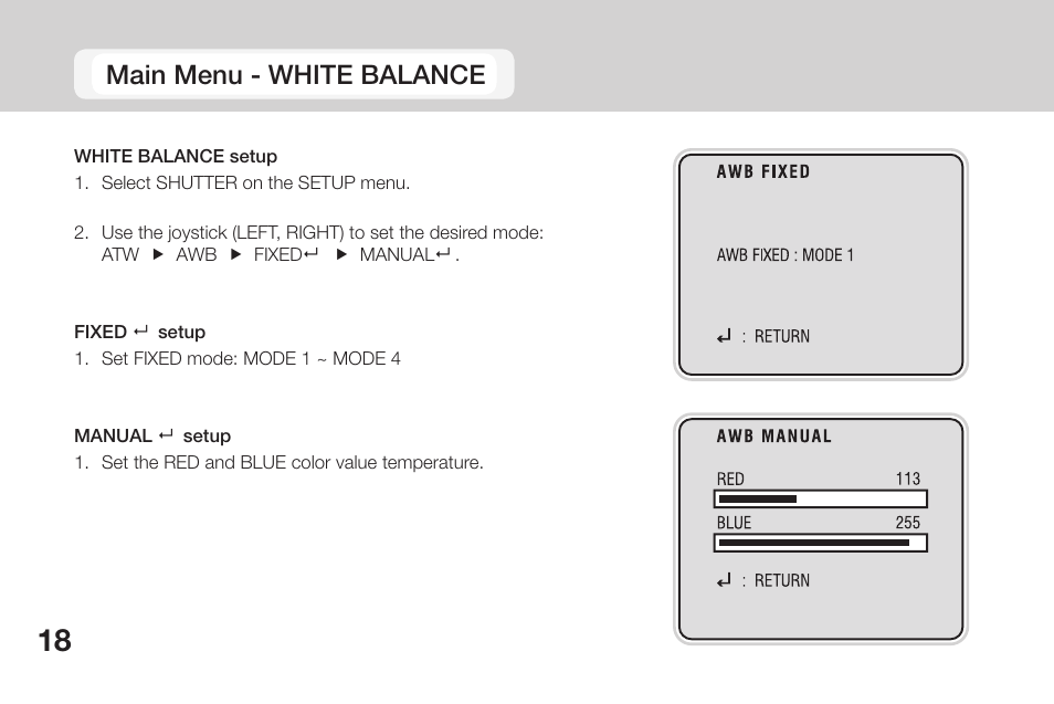 Main menu - white balance | OpenEye CM-135 User Manual | Page 18 / 40