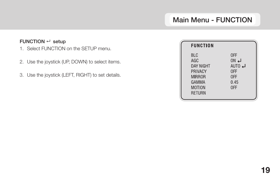 Main menu - function | OpenEye CM-135 User Manual | Page 19 / 40