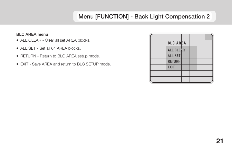Menu [function] - back light compensation 2 | OpenEye CM-135 User Manual | Page 21 / 40