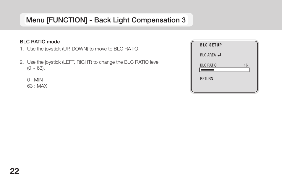 Menu [function] - back light compensation 3 | OpenEye CM-135 User Manual | Page 22 / 40