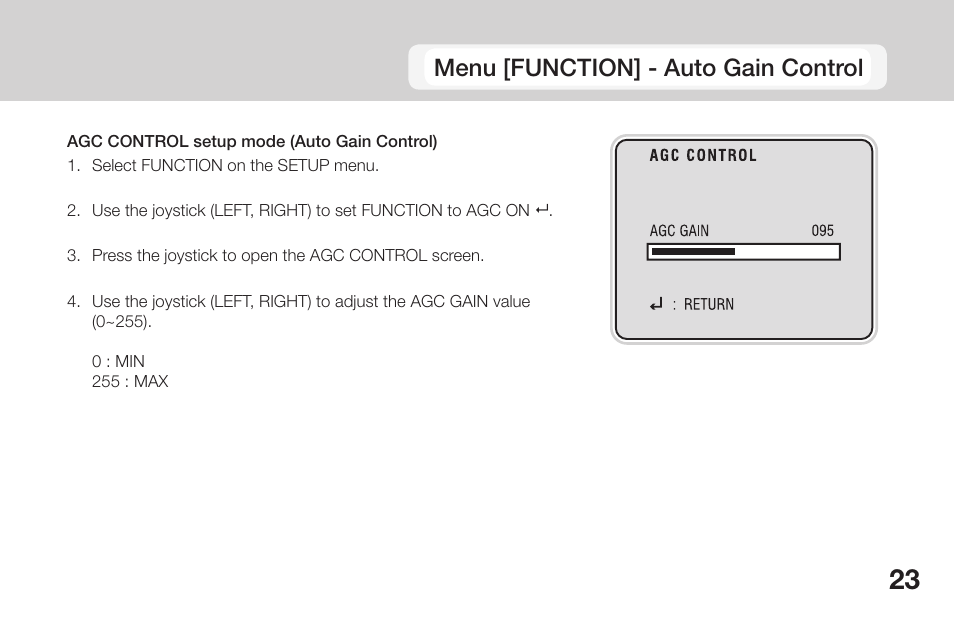 Menu [function] - auto gain control | OpenEye CM-135 User Manual | Page 23 / 40