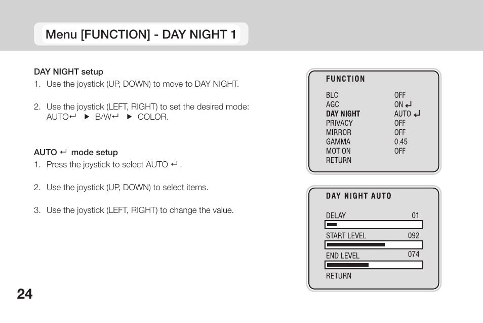 Menu [function] - day night 1 | OpenEye CM-135 User Manual | Page 24 / 40