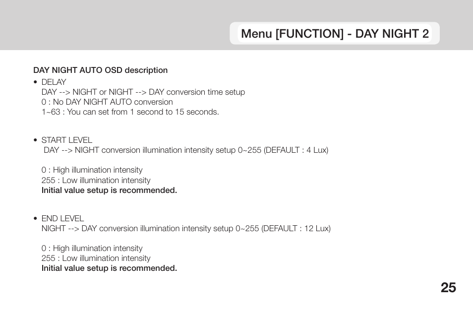 Menu [function] - day night 2 | OpenEye CM-135 User Manual | Page 25 / 40