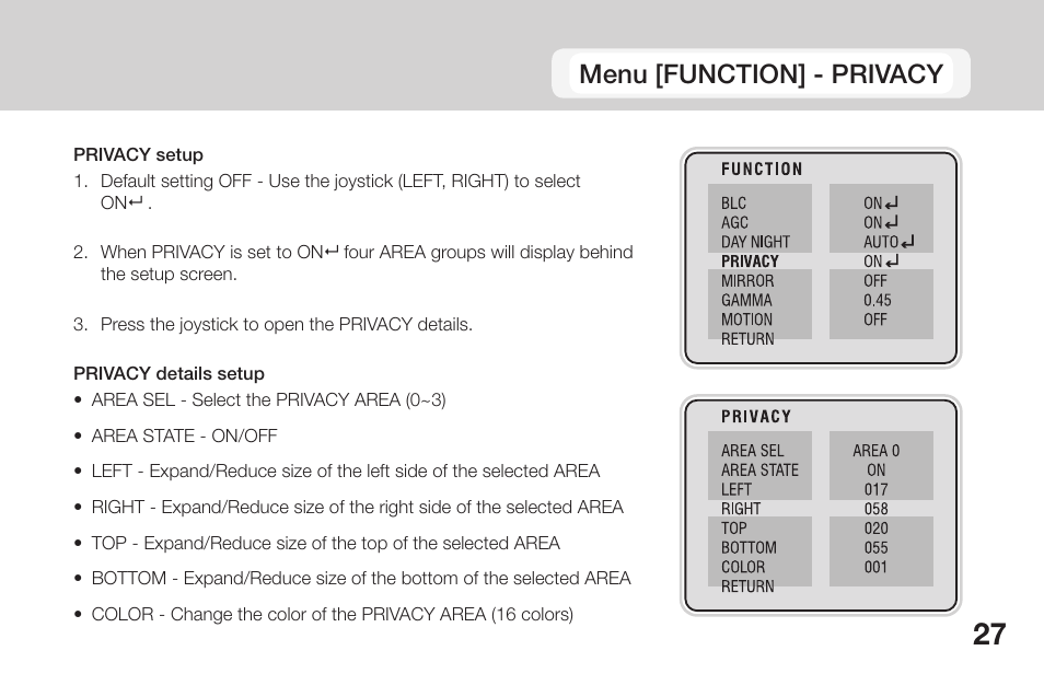 Menu [function] - privacy | OpenEye CM-135 User Manual | Page 27 / 40