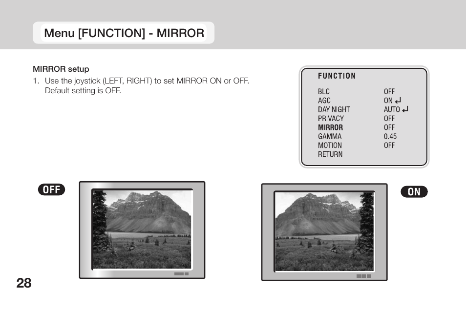 Menu [function] - mirror | OpenEye CM-135 User Manual | Page 28 / 40