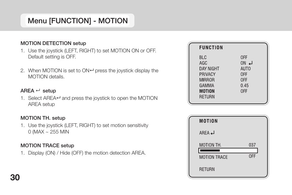 Menu [function] - motion | OpenEye CM-135 User Manual | Page 30 / 40