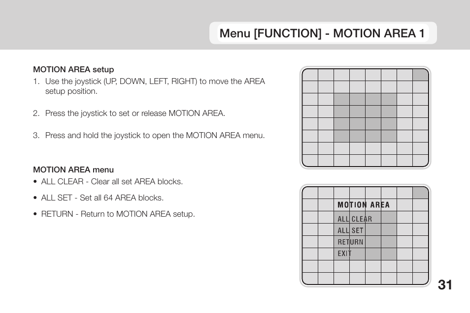 Menu [function] - motion area 1 | OpenEye CM-135 User Manual | Page 31 / 40