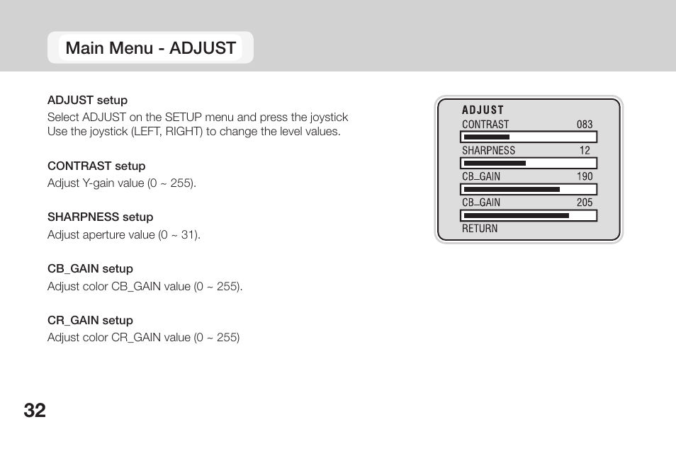 Main menu - adjust | OpenEye CM-135 User Manual | Page 32 / 40