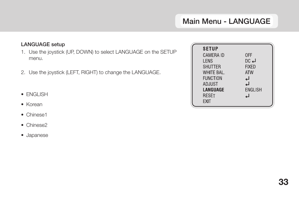 Main menu - language | OpenEye CM-135 User Manual | Page 33 / 40