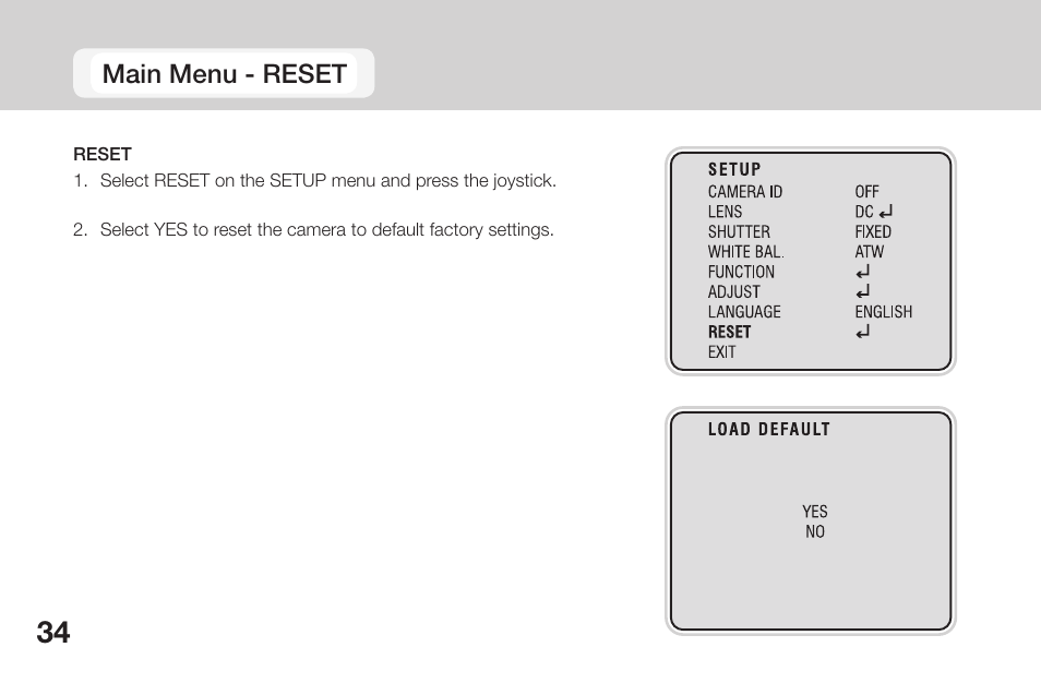 Main menu - reset | OpenEye CM-135 User Manual | Page 34 / 40