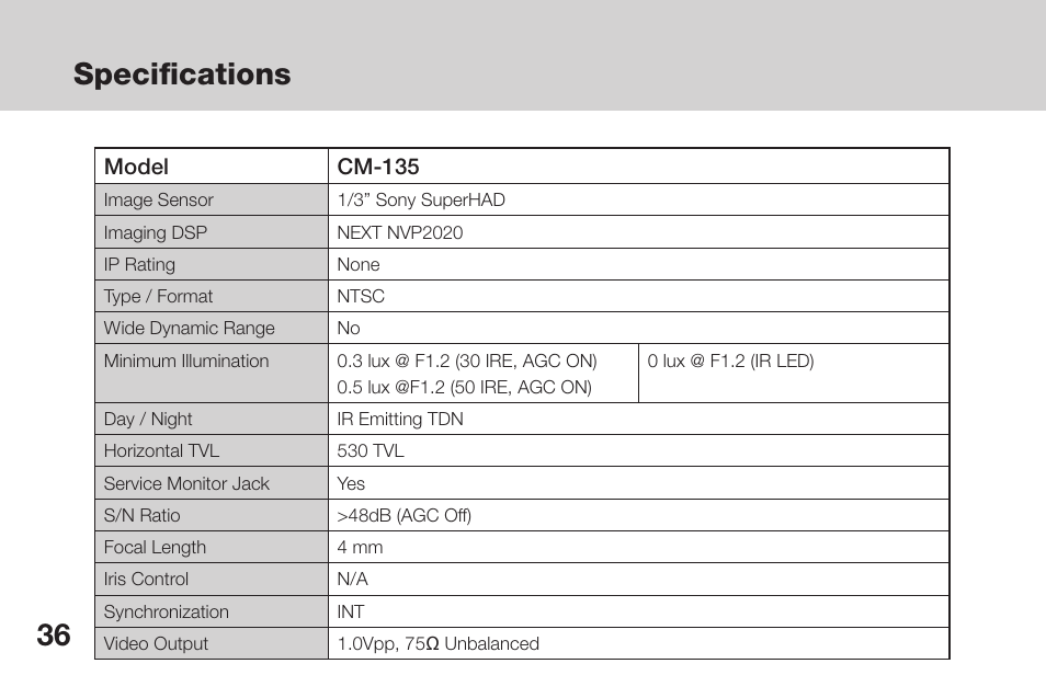 Specifications | OpenEye CM-135 User Manual | Page 36 / 40