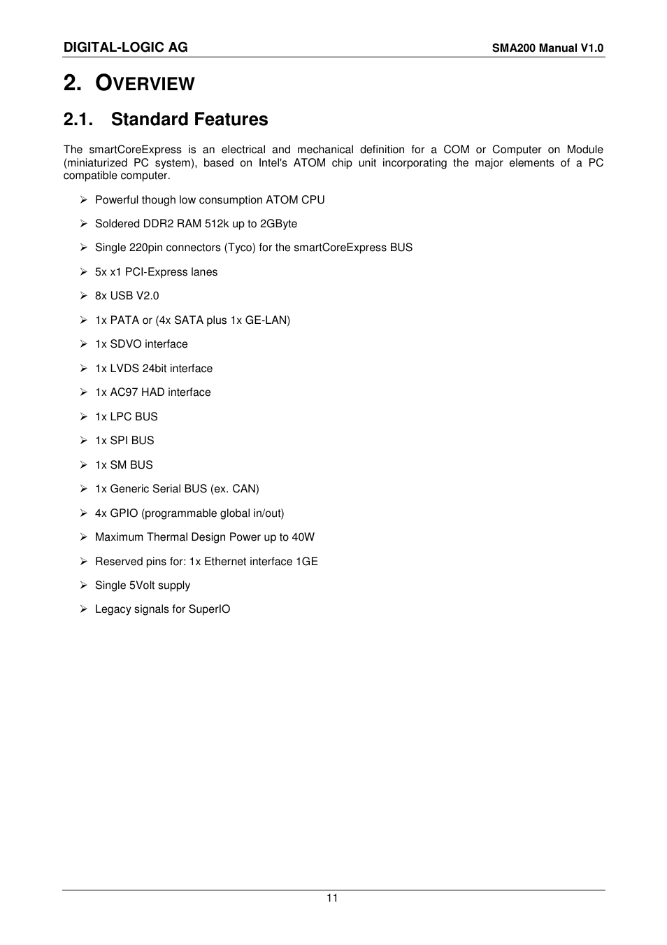 2 overview, 1 standard features, Verview | Standard features | Compaq SmartCore Express SMA200 User Manual | Page 11 / 42