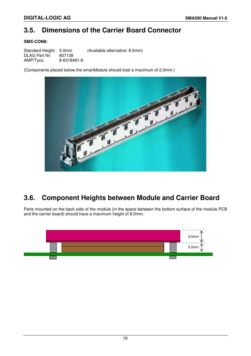 5 dimensions of the carrier board connector, Dimensions of the carrier board connector, Component heights between module and carrier board | Compaq SmartCore Express SMA200 User Manual | Page 19 / 42