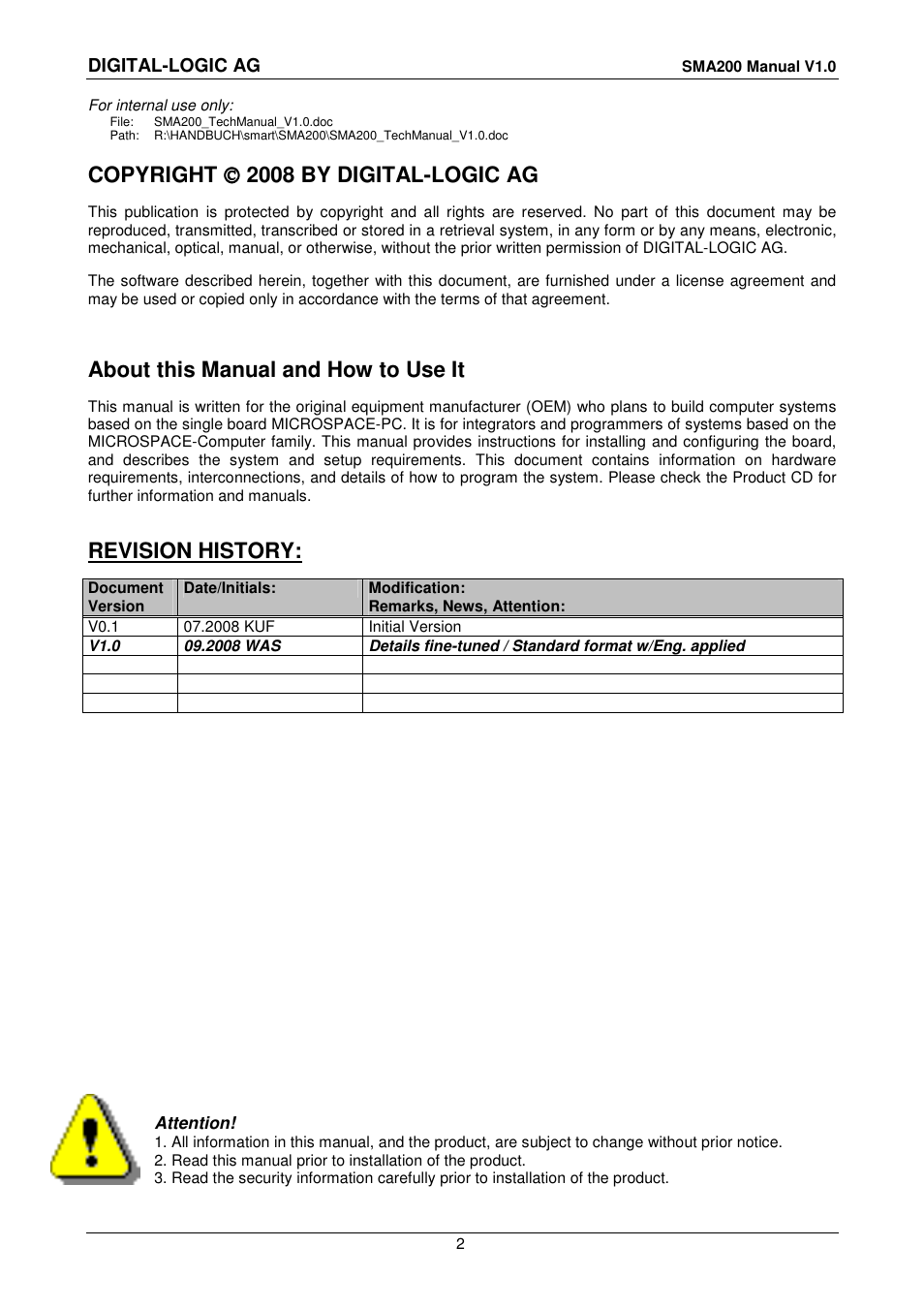 Copyright     2008 by digital-logic ag, About this manual and how to use it, Revision history | Compaq SmartCore Express SMA200 User Manual | Page 2 / 42