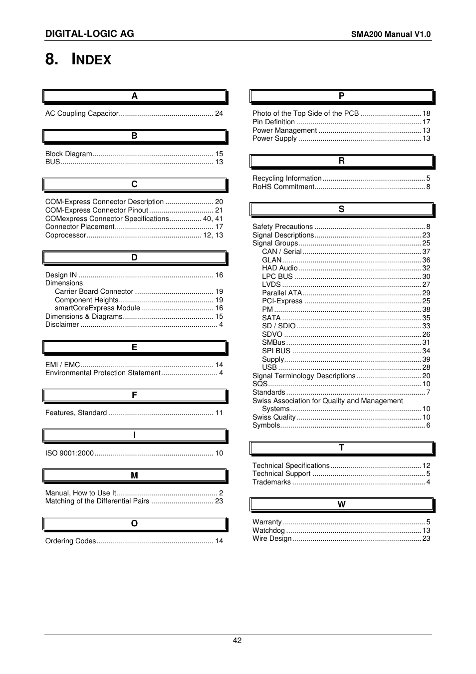 8 index, Ndex | Compaq SmartCore Express SMA200 User Manual | Page 42 / 42