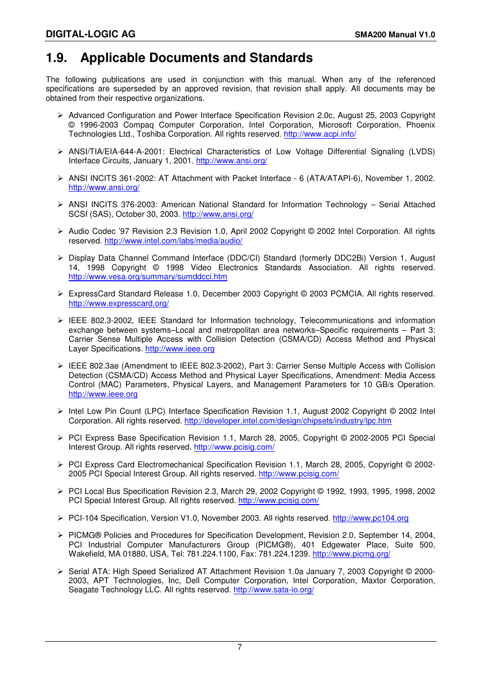 9 applicable documents and standards, Applicable documents and standards, Digital-logic ag | Compaq SmartCore Express SMA200 User Manual | Page 7 / 42