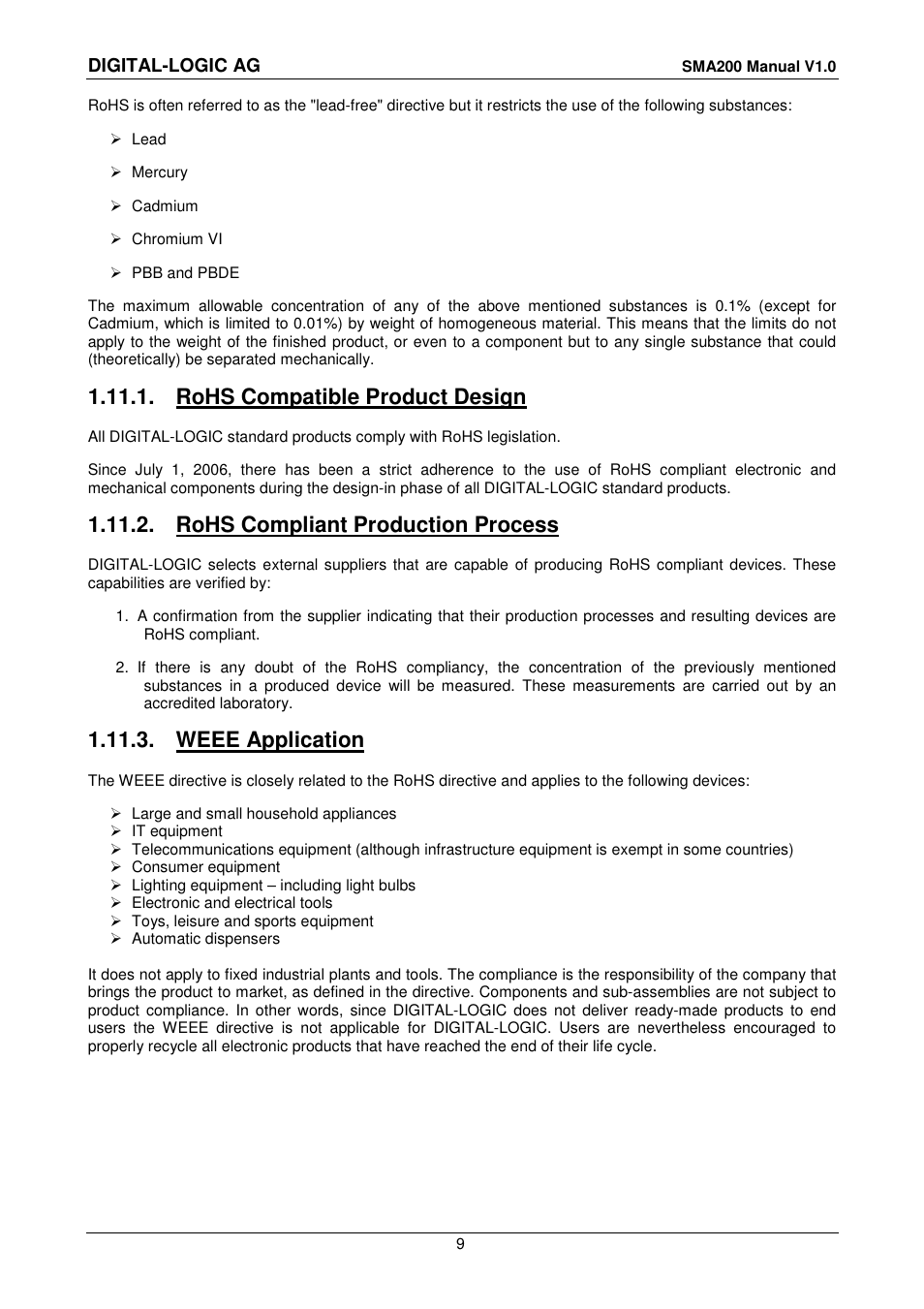 1 rohs compatible product design, 2 rohs compliant production process, 3 weee application | Rohs compatible product design, Rohs compliant production process, Weee application | Compaq SmartCore Express SMA200 User Manual | Page 9 / 42