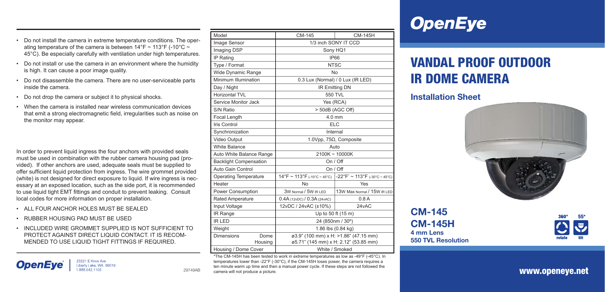 OpenEye CM-145 User Manual | 2 pages