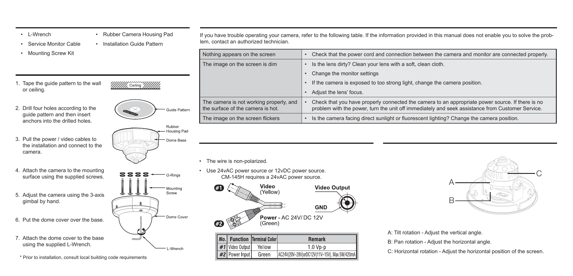 Camera adjustment, Troubleshooting connection, Hardware kit contents | Installation, Ab c | OpenEye CM-145 User Manual | Page 2 / 2